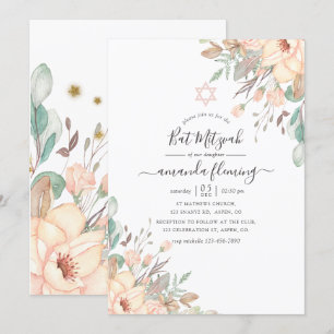 Convites Festa de Bat Mitzvah Floral Rosa Bege