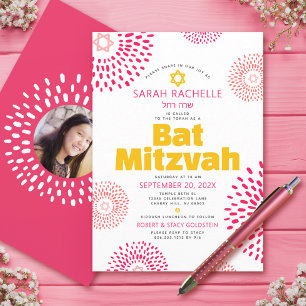 Convites Festa de Bat Mitzvah Rosa Foto Estrela Explosão Ou