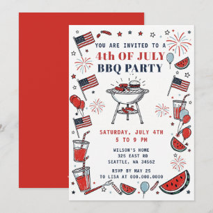 Convites Festa de BBQ de 4 de Julho Desenhada à Mão com Doo