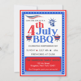 Convites Festa de BBQ de 4 de Julho Vermelho Branco e Azul