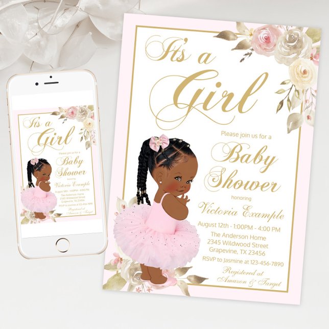 Convites Festa de Bebê African Princess Tutu em Pink Gold (Braid princess baby shower invitation with cute baby girl wearing tutu on a pink gold floral back.)