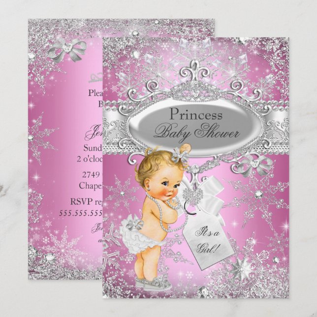Convites Festa de Bebê Blonde Princesa Rosa Winter Wonderla (Frente/Verso)
