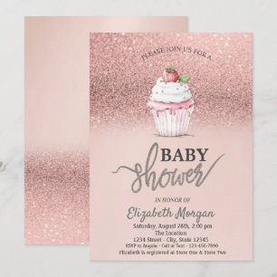 Convites Festa de Bebê com Cupcake de Morango e Brilho em R