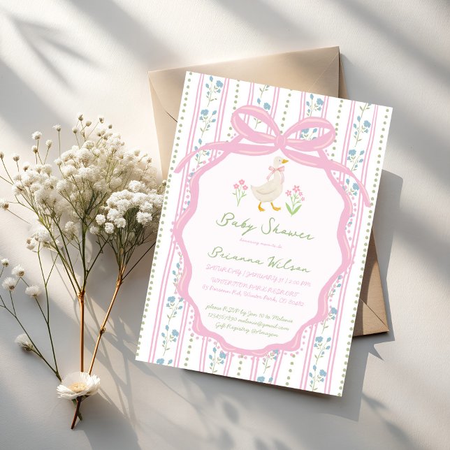 Convites Festa de bebê com rimas infantis de ganso (Goose nursery rhymes preppy pink bow baby shower invitation cards template )