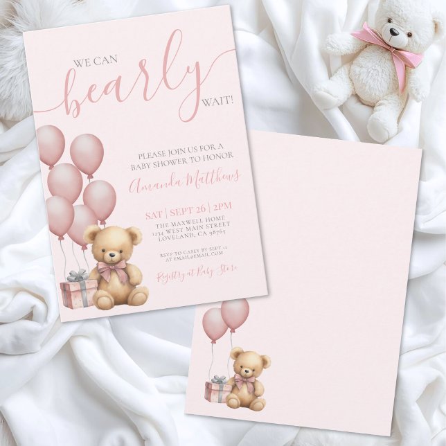 Convites Festa de Bebê da Menina Rosa Podemos Mal Esperar (Pink Girl We Can Bearly Wait Baby Shower Invitation)