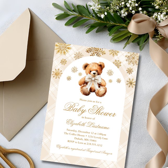 Convites Festa de Bebê de Inverno: Urso de Pelúcia (Classic Teddy Bear Ivory Plaid Preppy Baby Shower Invitation)