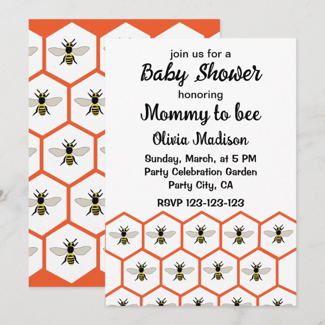 Convites Festa de Bebê Honey Bee Honeycomb Mamãe para Abelh (Frente/Verso)