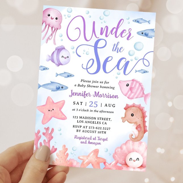 Convites Festa de Bebê Menina Animais Marinhos Sob o Mar (Criador carregado)