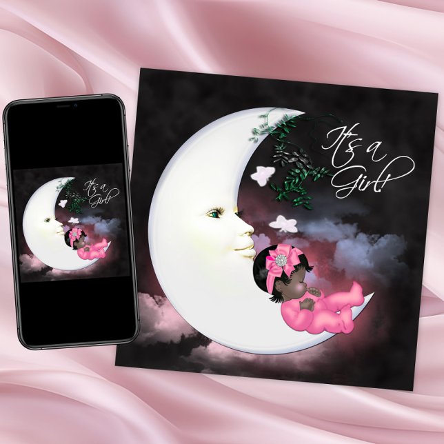 Convites Festa de Bebê Menina Negra Lua Rosa Africana Ameri (Cute moon baby shower invitation. Instant download and printed invitations available.)