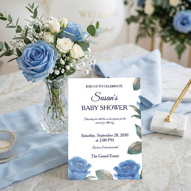 Convites Festa de Bebê Menino Arte Final Rosa Azul Francesa (Celebrate the mom-to-be with elegant blue roses. 🩵 Shop this classic baby shower invite!)
