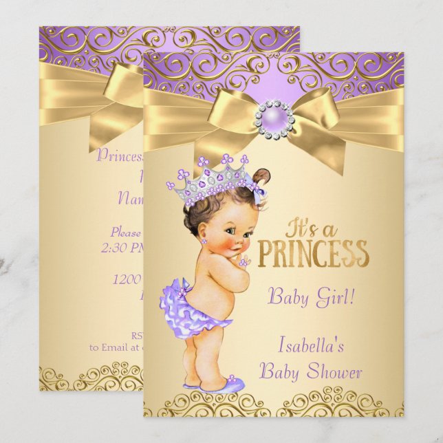 Convites Festa de Bebê Princesa Damasco Dourado Roxo Morena (Frente/Verso)