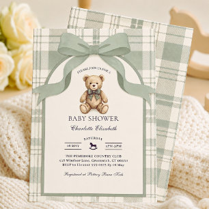 Convites Festa de Bebê Urso de Pelúcia Xadrez em Verde Sálv