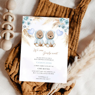 Convites Festa de Bebê Urso Teddy Gêmeos Meninos Grama Pamp