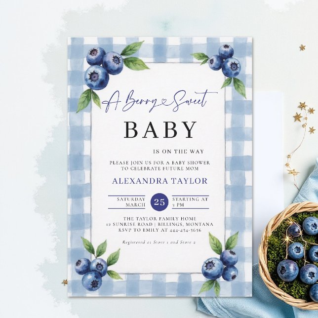 Convites Festa de Bebê Xadrez Azul Doce de Frutas (berry sweet baby shower invitation boy blue blueberries rustic farmhouse cottage watercolor gingham)