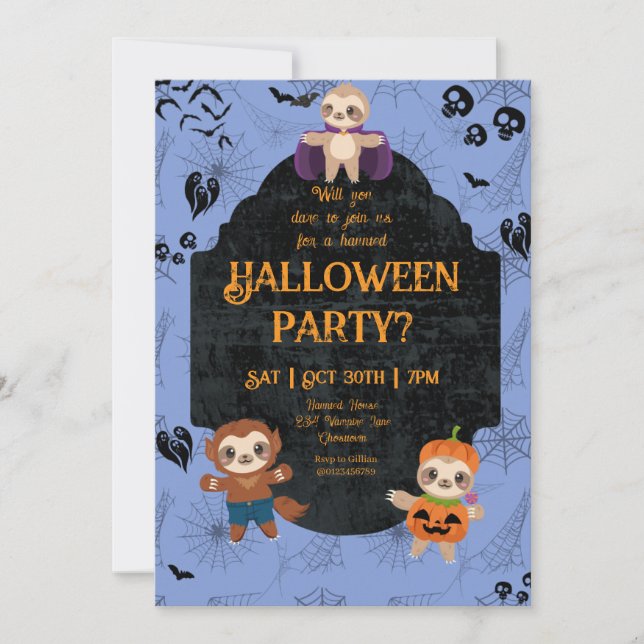 Convites Festa de Bela Halloween Sloth 1 (Frente)