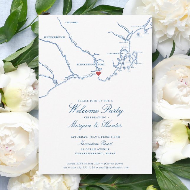 Convites Festa de Boas-Vindas de Casamento Elegante em Kenn (Kennebunkport Maine Wedding Welcome Party Invitations with elegant navy blue map )