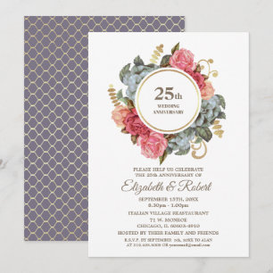 Convites Festa de Bodas de 25 Anos Vintage Floral