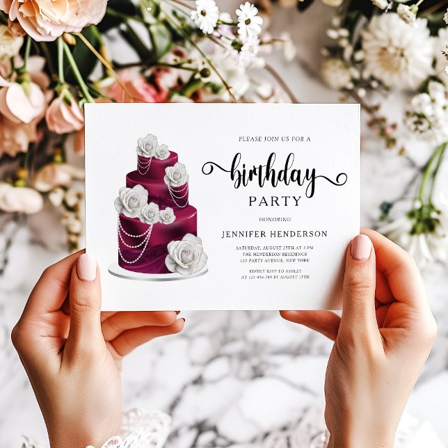 Convites Festa de Bolo de Aniversário Burgundy Elegante (Elegant Burgundy Birthday Cake Party Invitation)