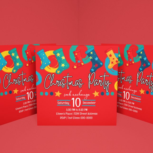 Convites Festa de Bolsa de Natal em Vermelho (Festive Red Christmas Sock Exchange Holiday party invite with blue, green, yellow and customizable. )