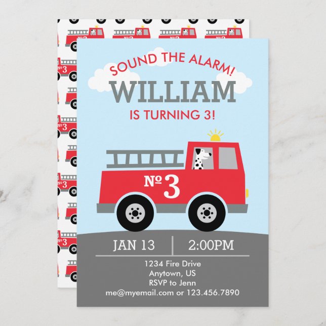 Convites Festa de Bombeiros de Aniversário do Fireman (Frente/Verso)