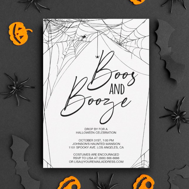 Convites Festa de Boos e Booze Halloween (Boos and Booze Halloween party invitation featuring spider webs in the corners.)