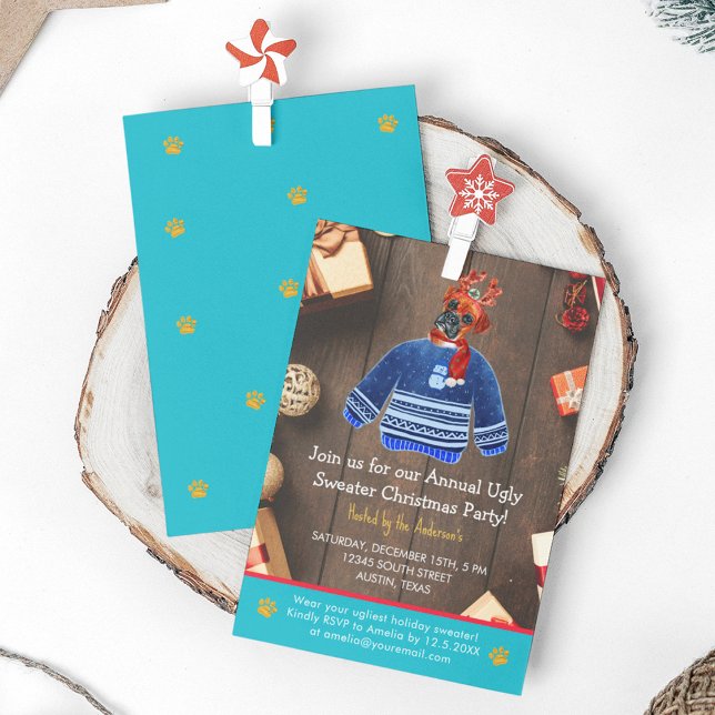 Convites Festa de Boxer Cachorro Feio de Natal (Front and Back)