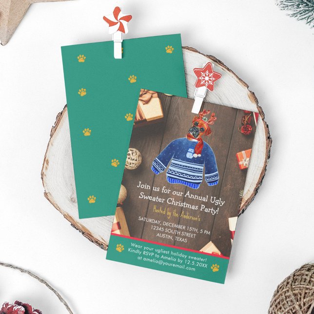 Convites Festa de Boxer Cachorro Feio de Natal (Front and Back)