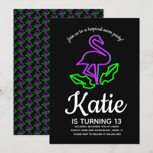 Convites Festa de Brilho de Flamingo Neon Tropical Teen