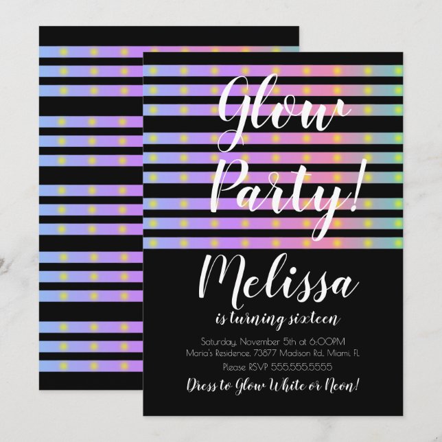 Convites Festa de Brilho Louco de LED Neon Brilho no Escuro (Frente/Verso)