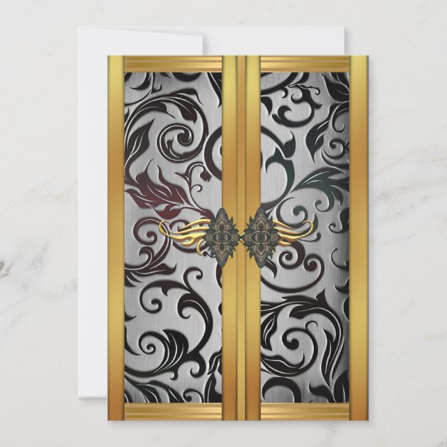 Convites Festa de Brocade de Cupboard de Prata Dourada Eleg (Frente)