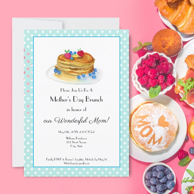 Convites Festa de Brunch de Panqueca do Dia das Mães com Aq (Celebrate your Mom with this lovely watercolor pancake brunch invitation. )