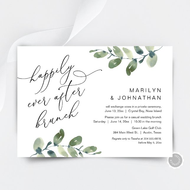 Convites Festa de Brunch Felizes para Sempre, Casamento de  (Happily Ever After Party, Elopement Dinner Invitation Card, Greenery Eucalyptus, Digital Download)