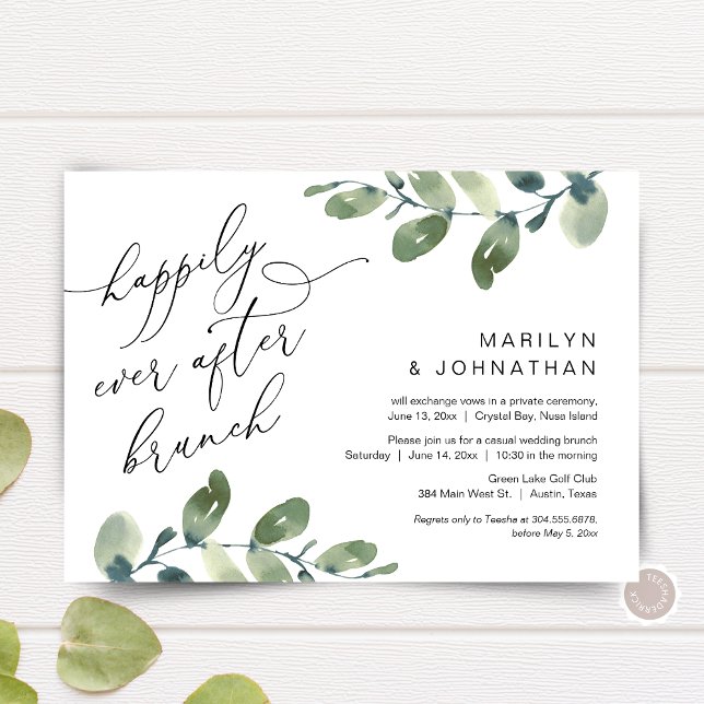 Convites Festa de Brunch Felizes para Sempre Elopamento Ver (Happily Ever After Brunch, Elopement Invitation Card, Greenery Eucalyptus Themed, Digital Down)