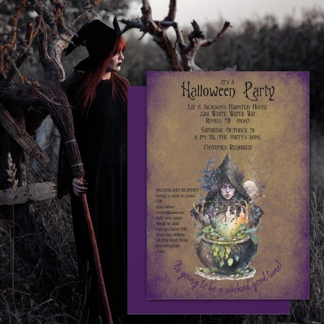 Convites Festa de Bruxas Boas e Malvadas (Wicked witch brewing up some Halloween magic on this party invitation.)