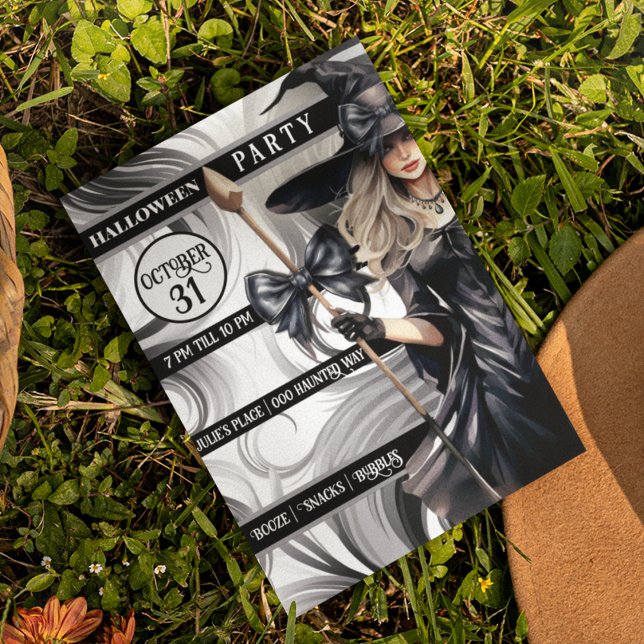 Convites Festa de Bruxas de Halloween com fundo rochoso (Witch Halloween customizable party invitation with black and white swirled background. )