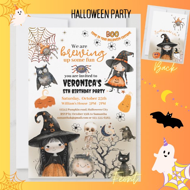 Convites Festa de Bruxas do Dia das Bruxas (Cute Witch Halloween Kids Party Invitation)
