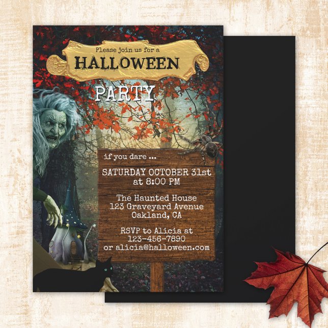 Convites Festa de Bruxas Fantasmas Escuras do Dia das Bruxa (Halloween party invitation featuring a dark forest scene with a witch, fairy home, cat and spider)