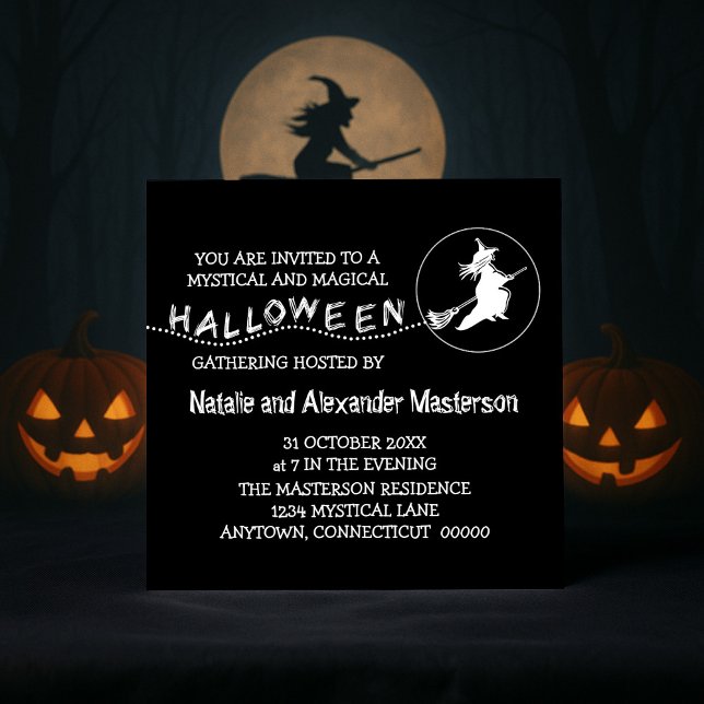 Convites Festa de Bruxas Voadoras Convidam, Preto (Black Flying Witch Halloween Party Invite)