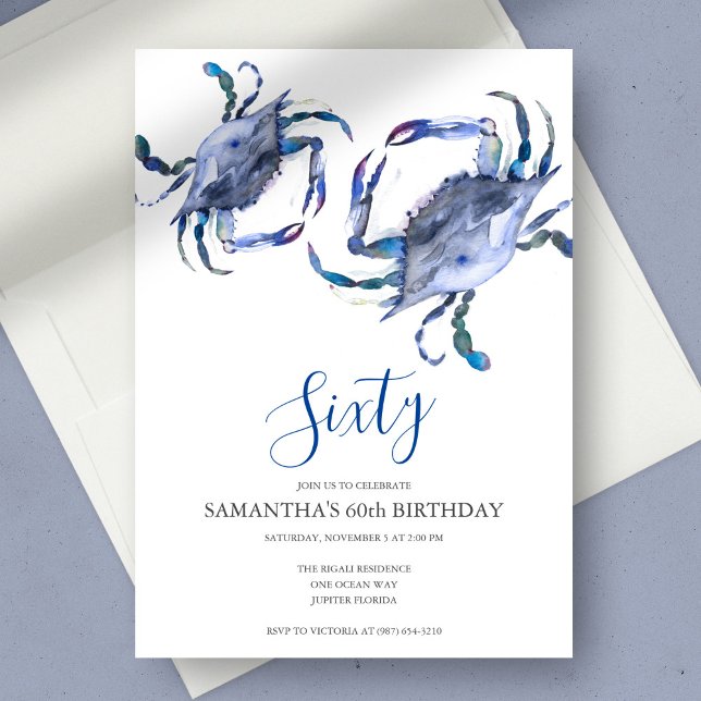 Convites Festa de Caranguejo Azul para 60 anos de idade Con (60th birthday invitations watercolor blue crab art by Victoria Grigaliunas Do Tell A Belle)