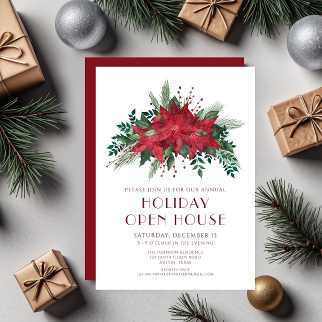 Convites Festa de Casa Aberta de Natal com Poinsettia Flora (Red Floral Poinsettia Christmas Open House Party Invitation)