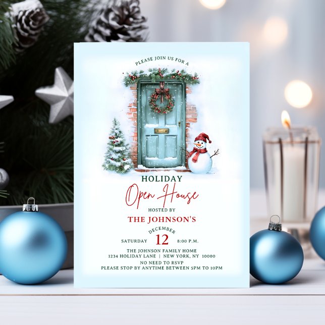Convites Festa de Casa Aberta de Natal Feriado de Natal Sno (Christmas Wreath Holiday Open House Party Snowman Invitation)