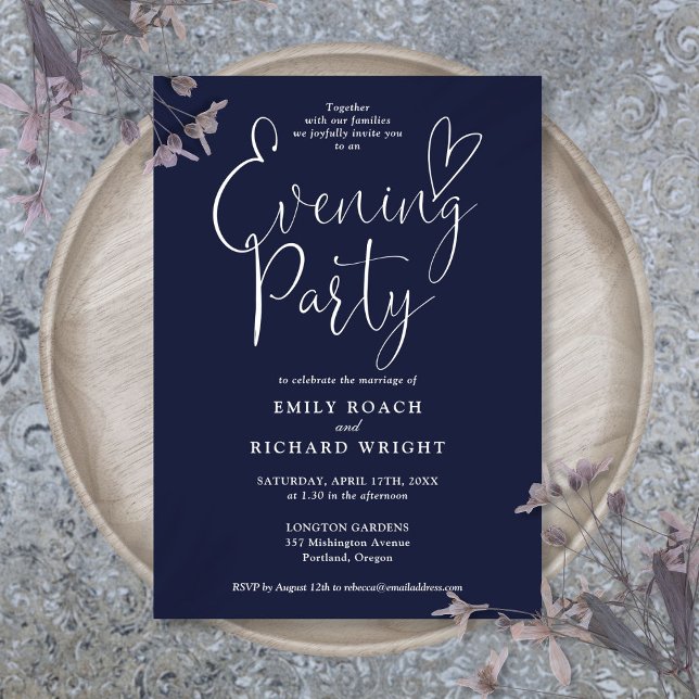 Convites Festa de Casamento Azul do Marinho de Script Elega (Elegant Script Navy Blue Wedding Evening Party Invitation)