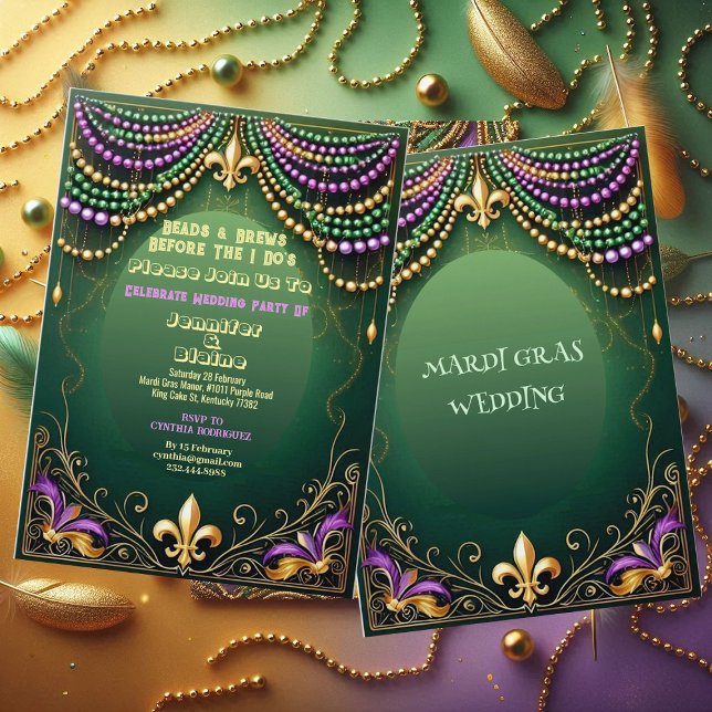 Convites Festa de casamento Bead & Breur De Lis Mardi Gras (Bead & Brews Fleur De Lis Mardi Gras Wedding Party Invitation)