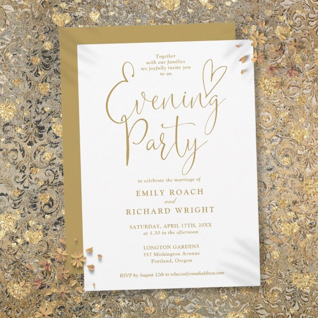Convites Festa de Casamento com Coração de Ouro Elegante em (Elegant Gold Heart Script Wedding Evening Party Invitation)