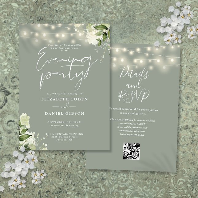 Convites Festa de Casamento com QR Code de Verde Folhagem d (Sage Greenery QR Code Wedding Evening Party Invitation)