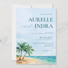 Convites Festa de Casamento com QR de Verão na Praia Azul e