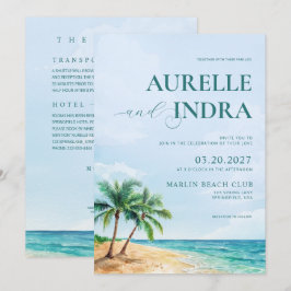 Convites Festa de Casamento com QR de Verão na Praia Azul e
