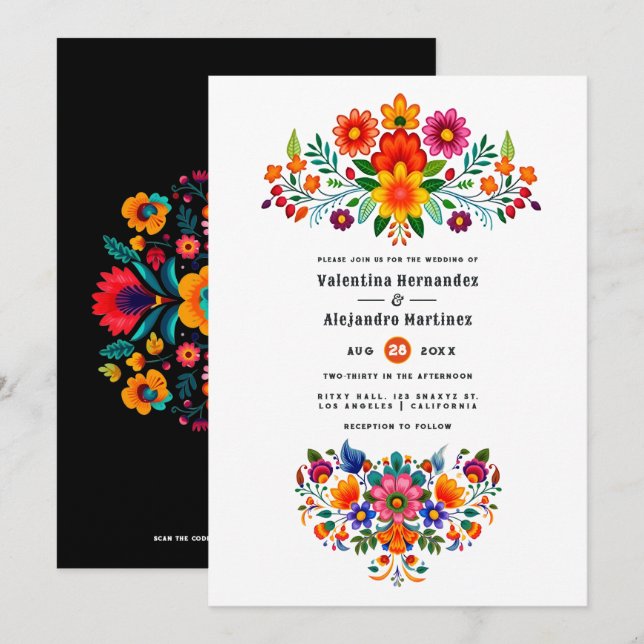 Convites Festa de Casamento de Arte Popular Mexicana Preto  (Frente/Verso)