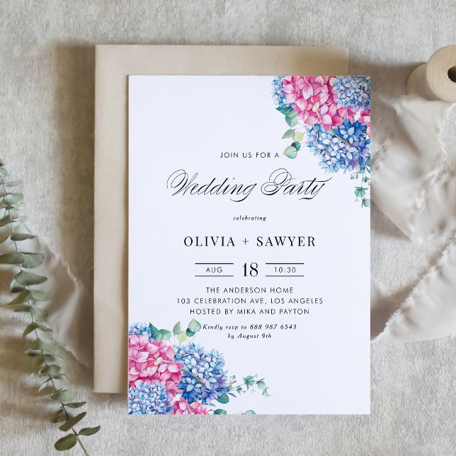 Convites Festa de casamento de Hydrangea Azul e Rosa ( Customizable Wedding Party Invitation with Watercolor Blue and Pink Hydrangeas)