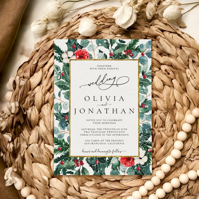 Convites Festa de casamento de Quadro Dourado Floral de Cas (Criador carregado)